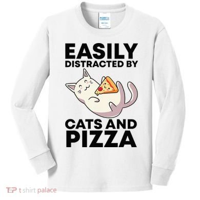 Easily Distracted By Cats And Pizza Kawaii Cat Lovers Gift Kids Long Sleeve Shirt