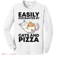 Easily Distracted By Cats And Pizza Kawaii Cat Lovers Gift Kids Long Sleeve Shirt thumb 0
