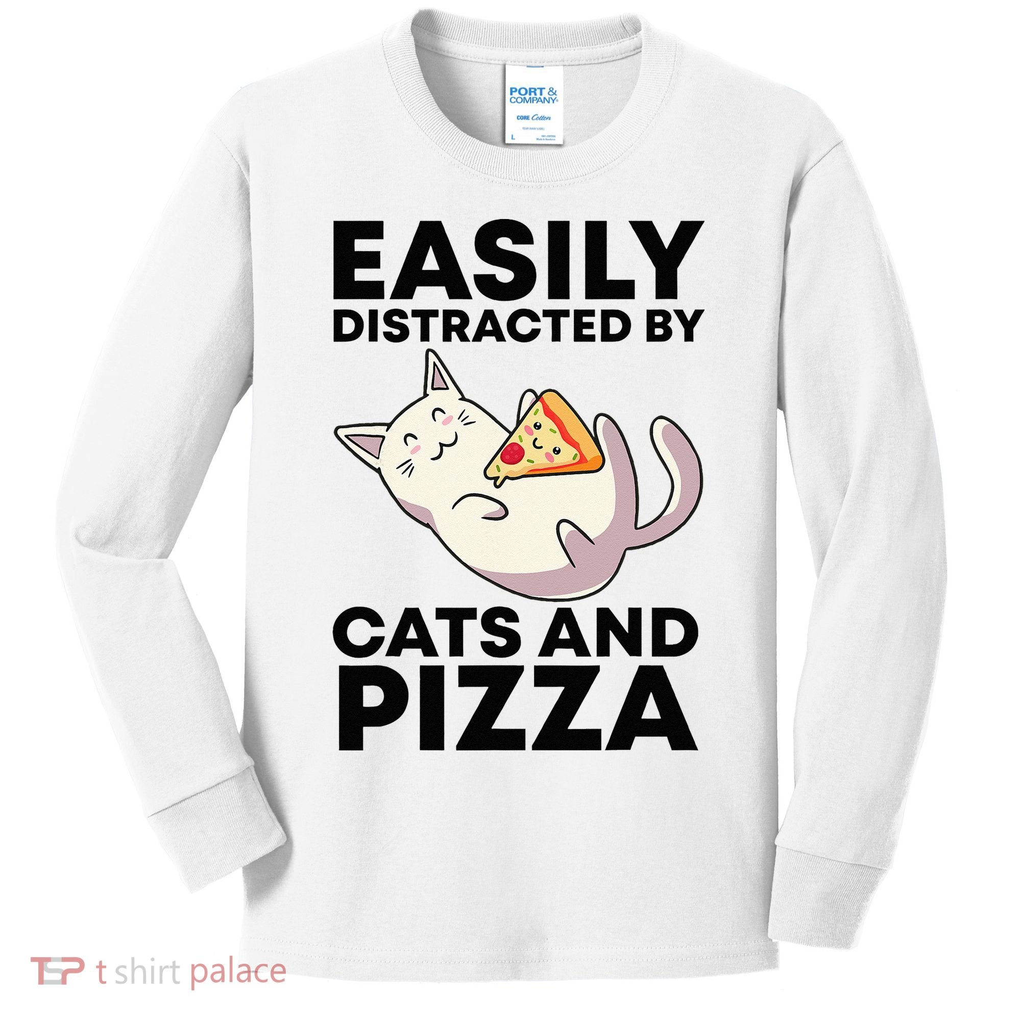 Easily Distracted By Cats And Pizza Kawaii Cat Lovers Gift Kids Long Sleeve Shirt