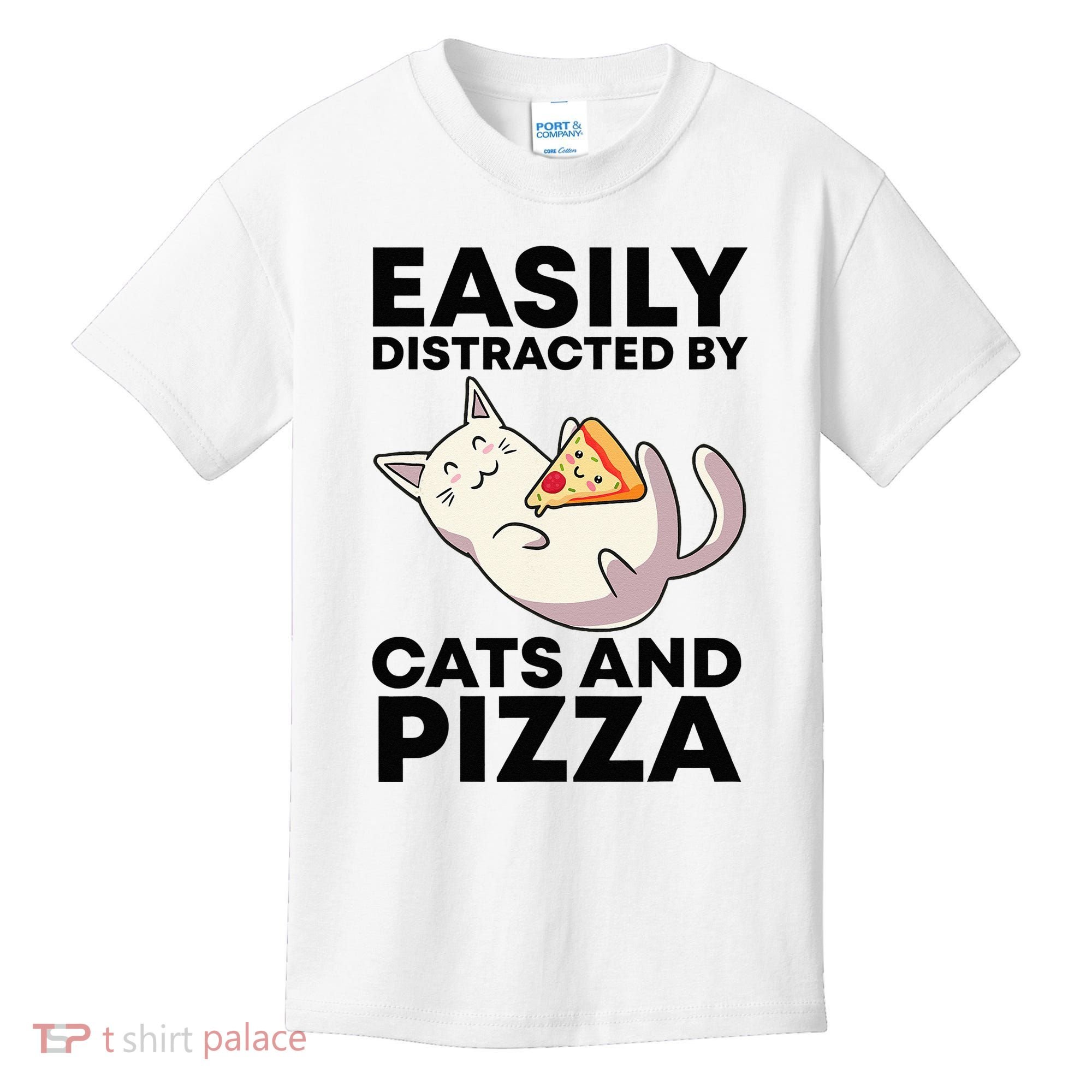 Easily Distracted By Cats And Pizza Kawaii Cat Lovers Gift Kids T-Shirt