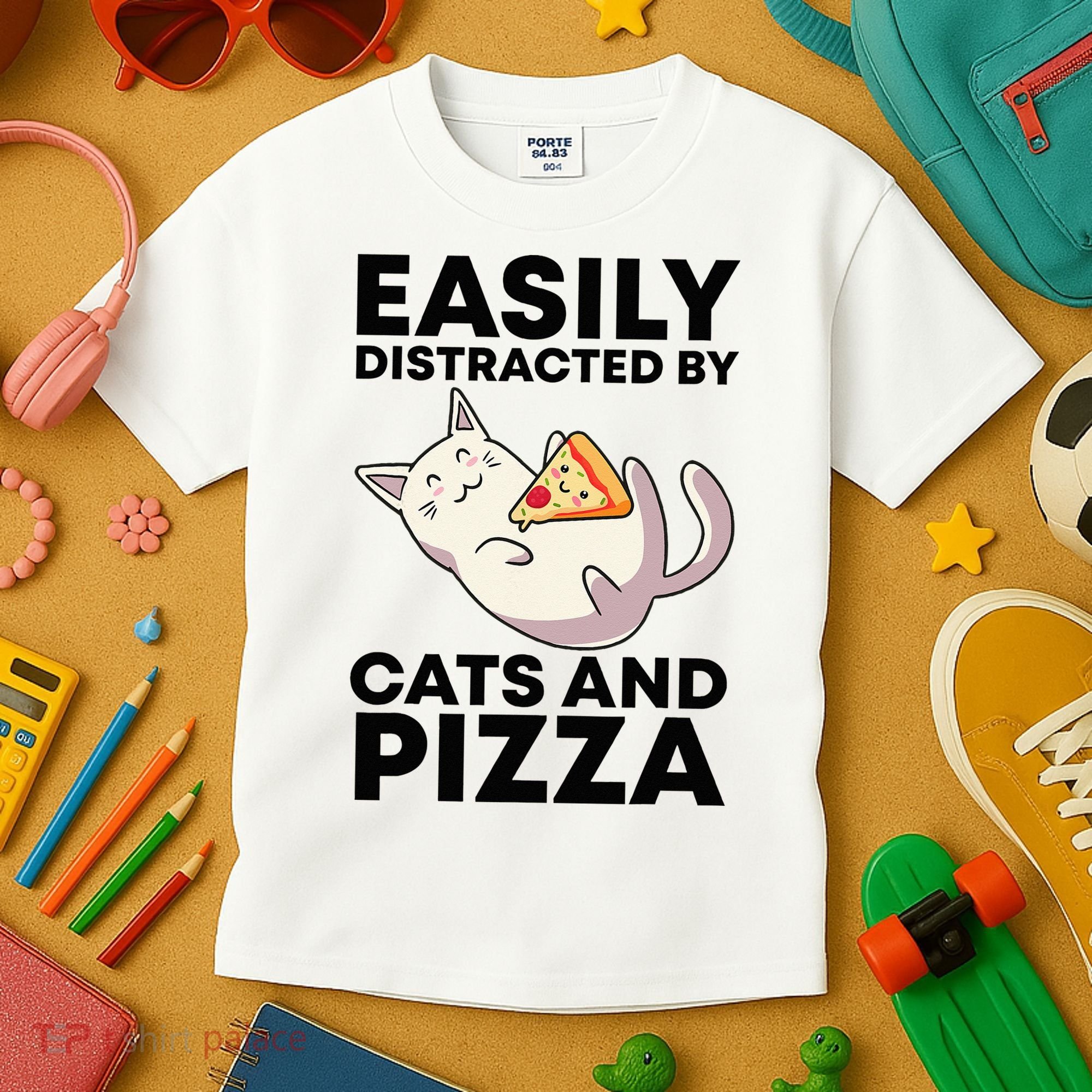 Easily Distracted By Cats And Pizza Kawaii Cat Lovers Gift Kids T-Shirt