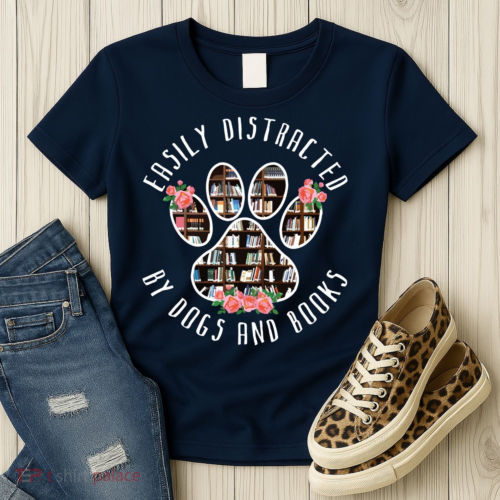 Easily Distracted By Dogs And Books Animal Book Lover Gift Women's T-Shirt