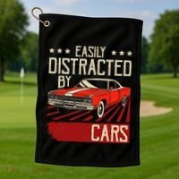 Easily Distracted By Cars Classic Muscle Car Guy Car Lover Golf Towel thumb 1