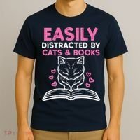 Easily Distracted By Cats Books Bookworm Wo Girl T-Shirt thumb 3