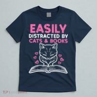 Easily Distracted By Cats Books Bookworm Wo Girl T-Shirt thumb 5