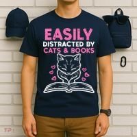 Easily Distracted By Cats Books Bookworm Wo Girl T-Shirt thumb 6