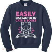 Easily Distracted By Cats Books Bookworm Wo Girl Kids Sweatshirt thumb 0