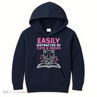 Easily Distracted By Cats Books Bookworm Wo Girl Kids Hoodie thumb 0