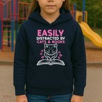 Easily Distracted By Cats Books Bookworm Wo Girl Kids Hoodie thumb 3