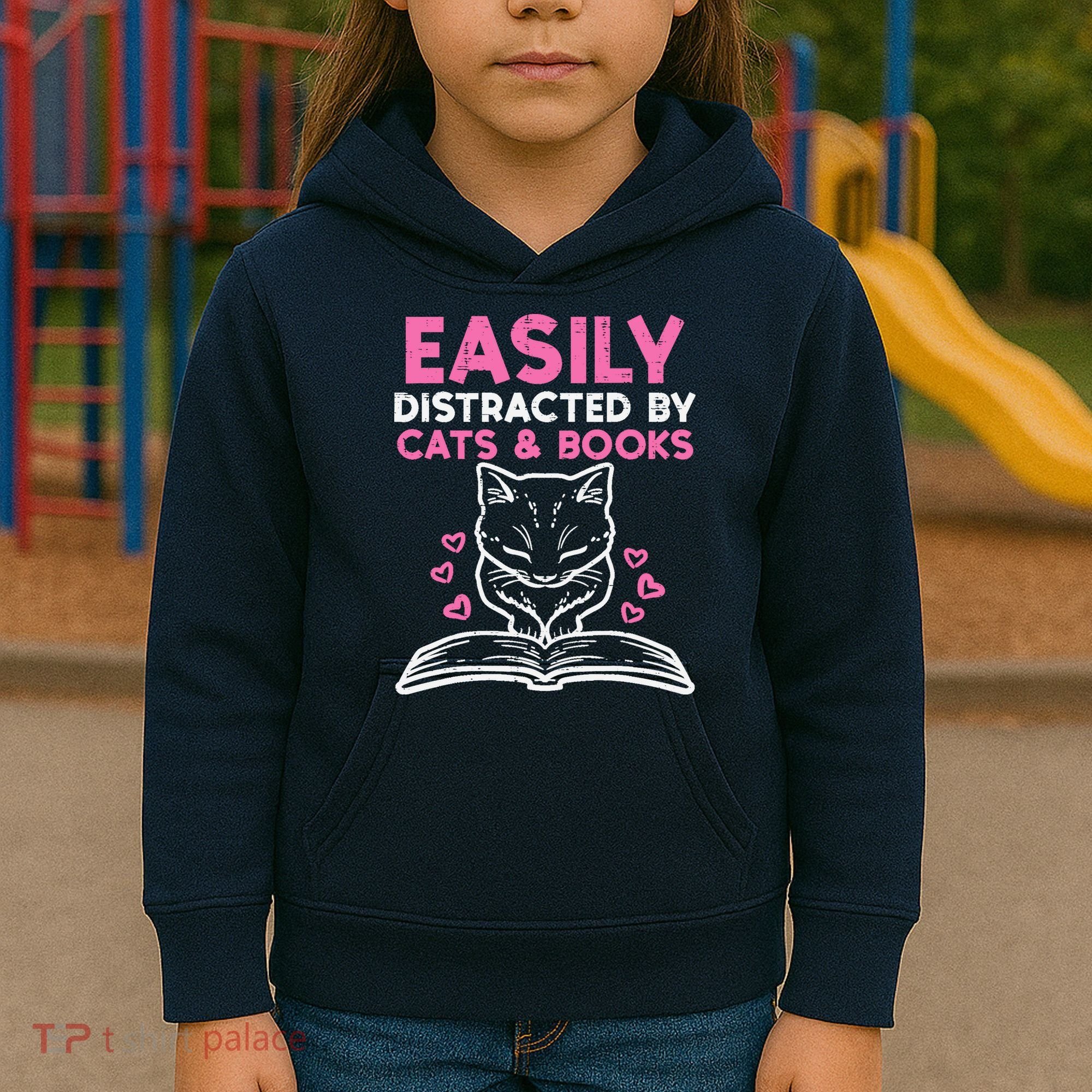 Easily Distracted By Cats Books Bookworm Wo Girl Kids Hoodie