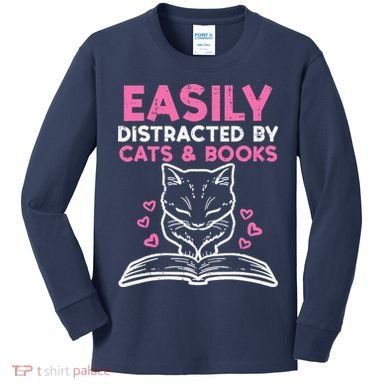 Easily Distracted By Cats Books Bookworm Wo Girl Kids Long Sleeve Shirt