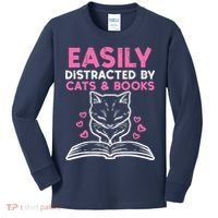 Easily Distracted By Cats Books Bookworm Wo Girl Kids Long Sleeve Shirt thumb 0