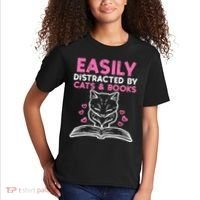 Easily Distracted By Cats Books Bookworm Wo Girl Kids T-Shirt thumb 2