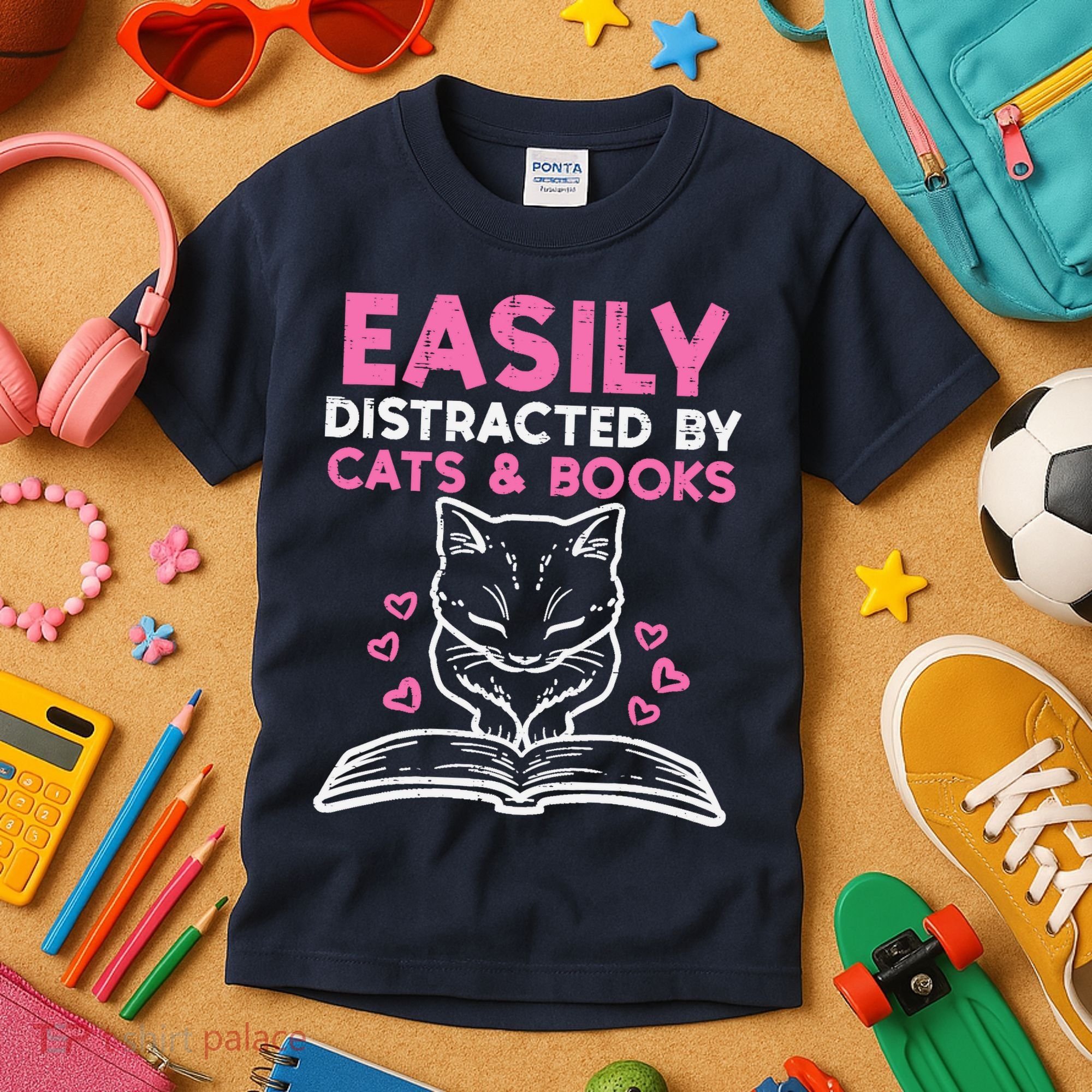 Easily Distracted By Cats Books Bookworm Wo Girl Kids T-Shirt