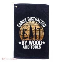 Easily Distracted By Wood And Tools Funny Woodworking Golf Towel thumb 0
