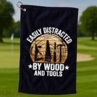 Easily Distracted By Wood And Tools Funny Woodworking Golf Towel thumb 1