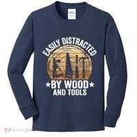 Easily Distracted By Wood And Tools Funny Woodworking Kids Long Sleeve Shirt thumb 0