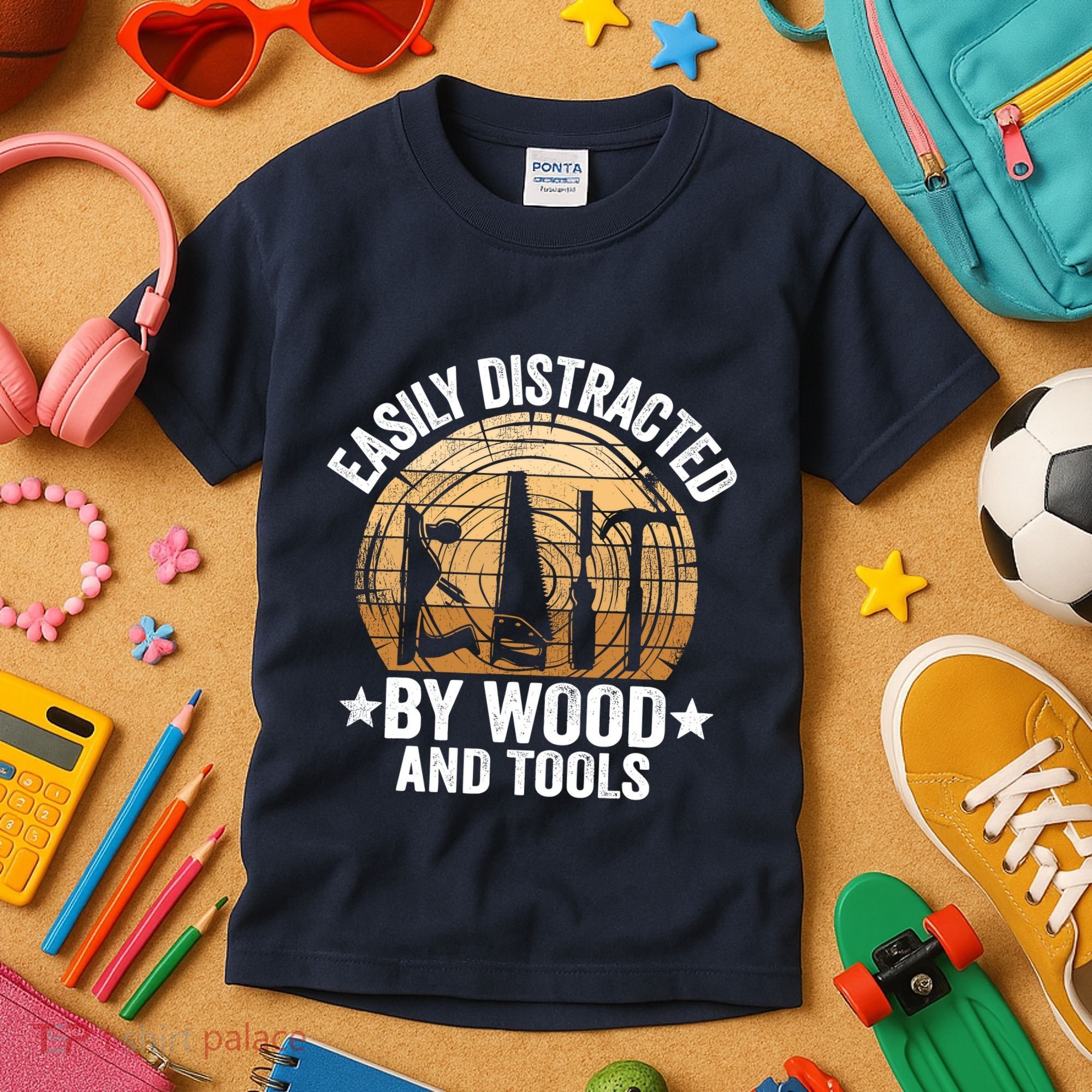 Easily Distracted By Wood And Tools Funny Woodworking Kids T-Shirt
