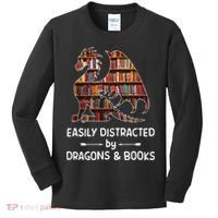 Easily Distracted By Dragon And Books Nerds Meaningful Gift Kids Long Sleeve Shirt thumb 0