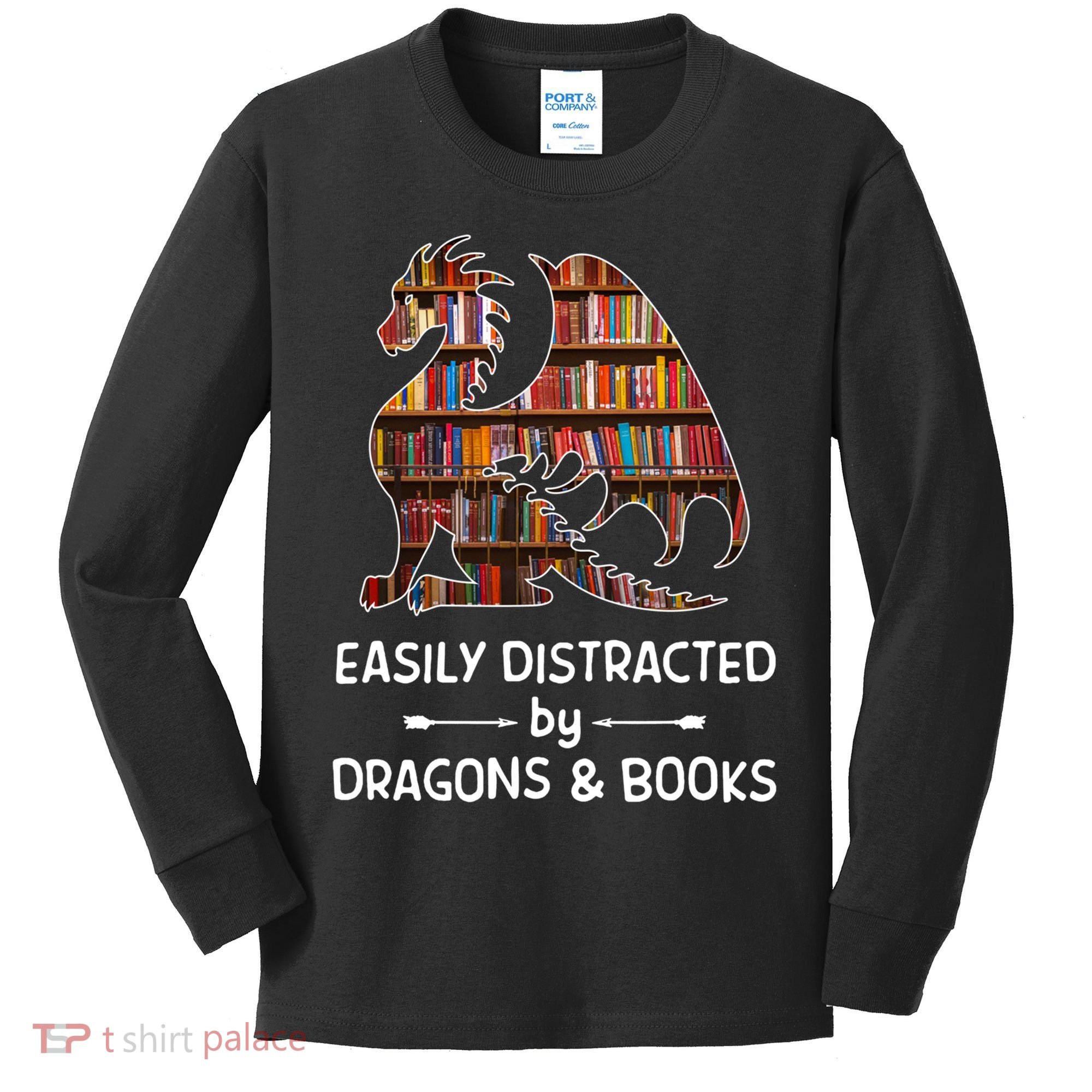 Easily Distracted By Dragon And Books Nerds Meaningful Gift Kids Long Sleeve Shirt