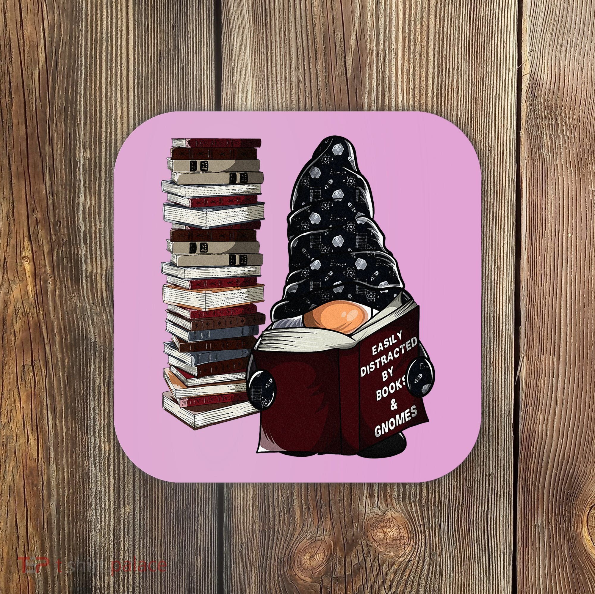 Easily Distracted By Books & Gnomes Garden Gnome Book Lover Coaster