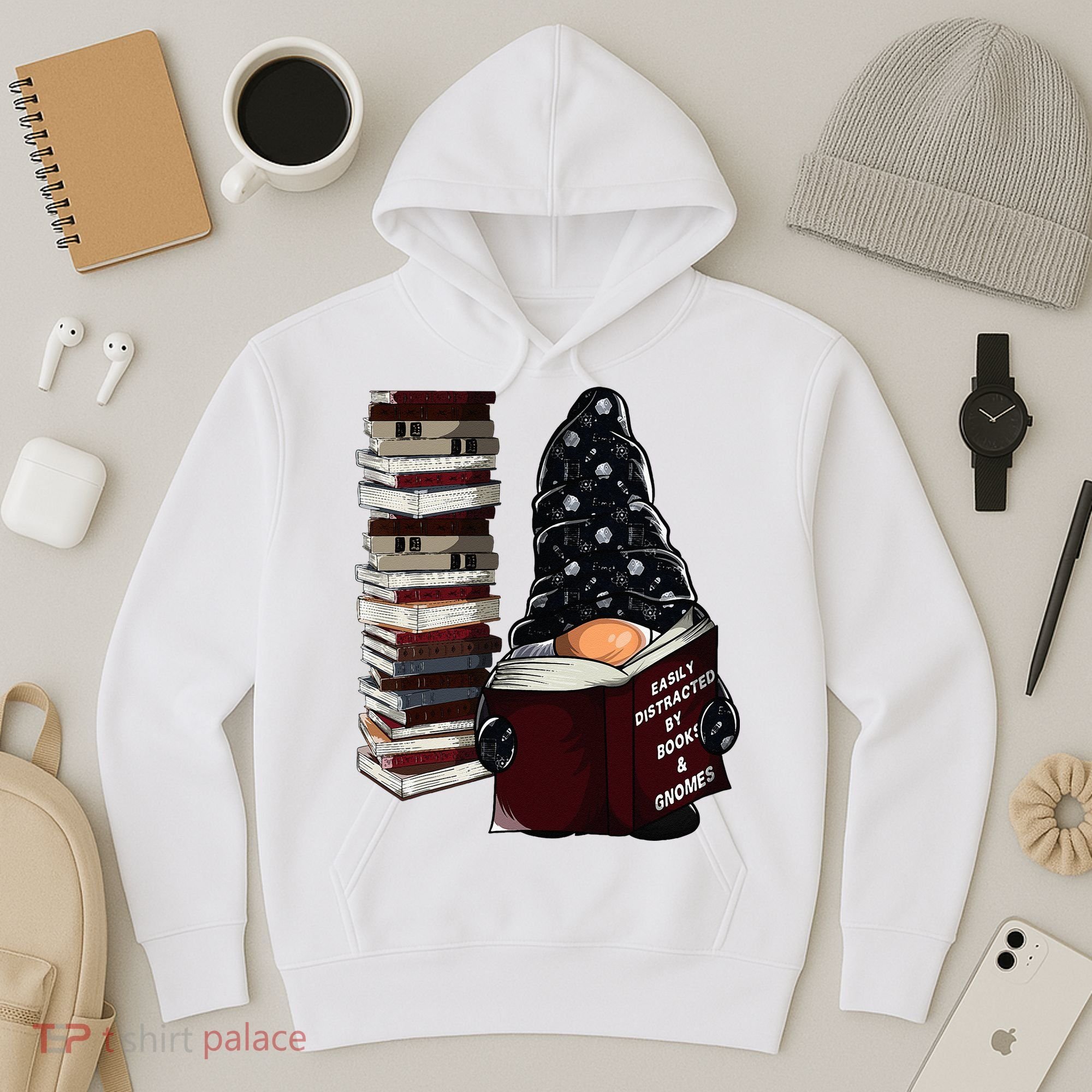 Easily Distracted By Books & Gnomes Garden Gnome Book Lover Hoodie