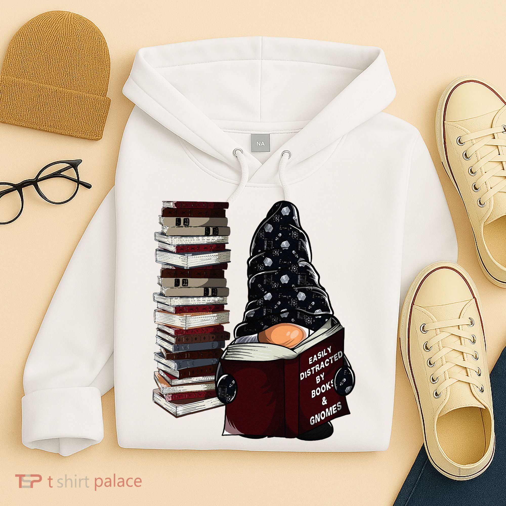 Easily Distracted By Books & Gnomes Garden Gnome Book Lover Hoodie