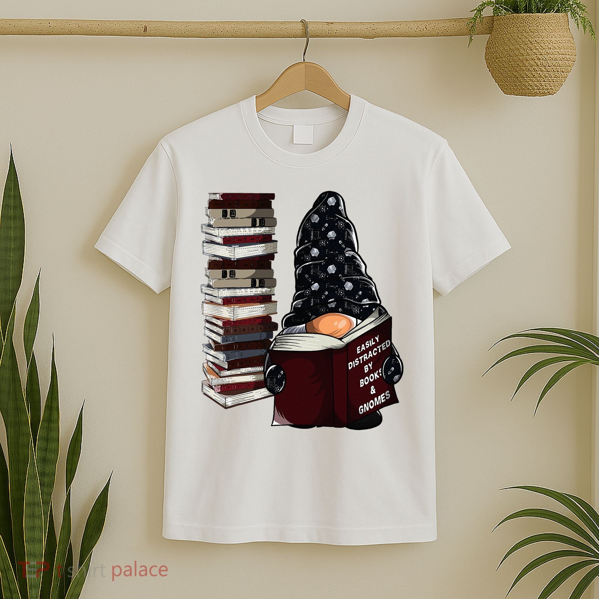 Easily Distracted By Books & Gnomes Garden Gnome Book Lover T-Shirt