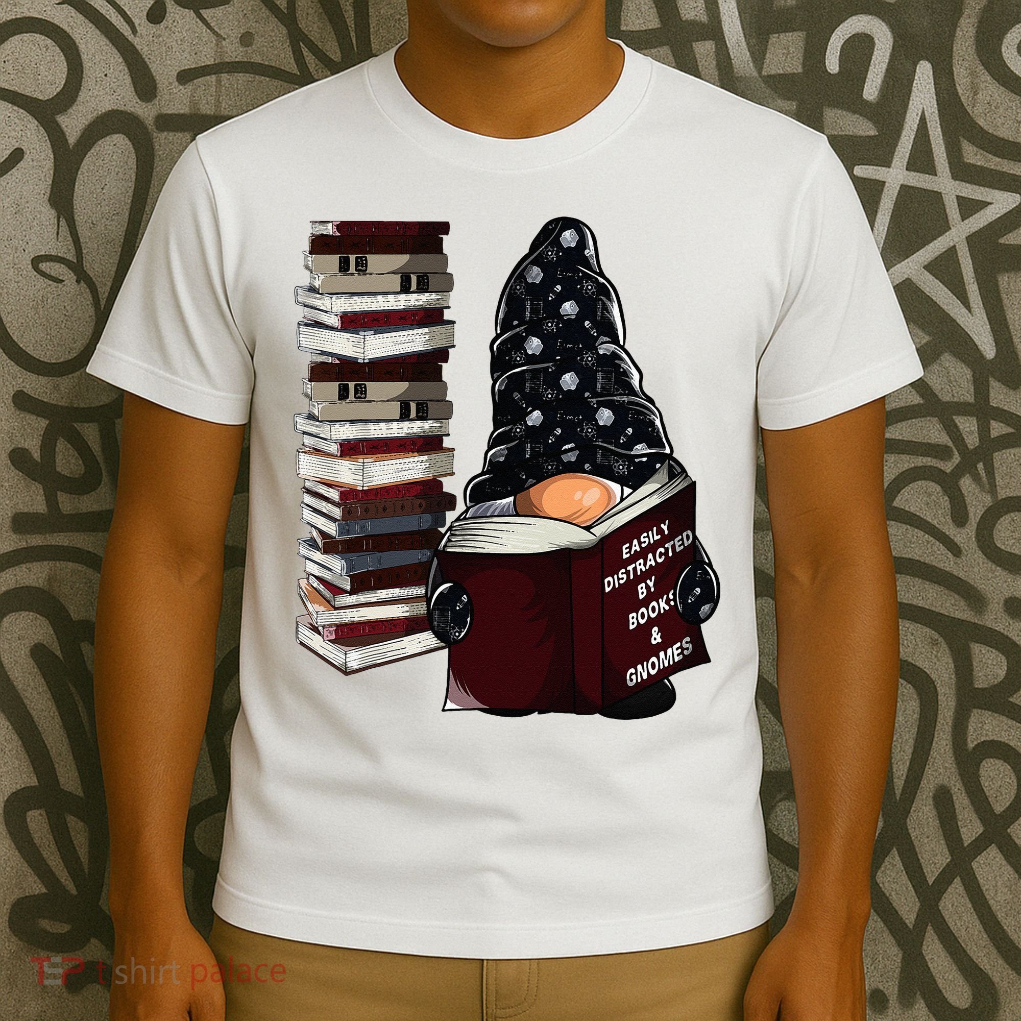 Easily Distracted By Books & Gnomes Garden Gnome Book Lover T-Shirt