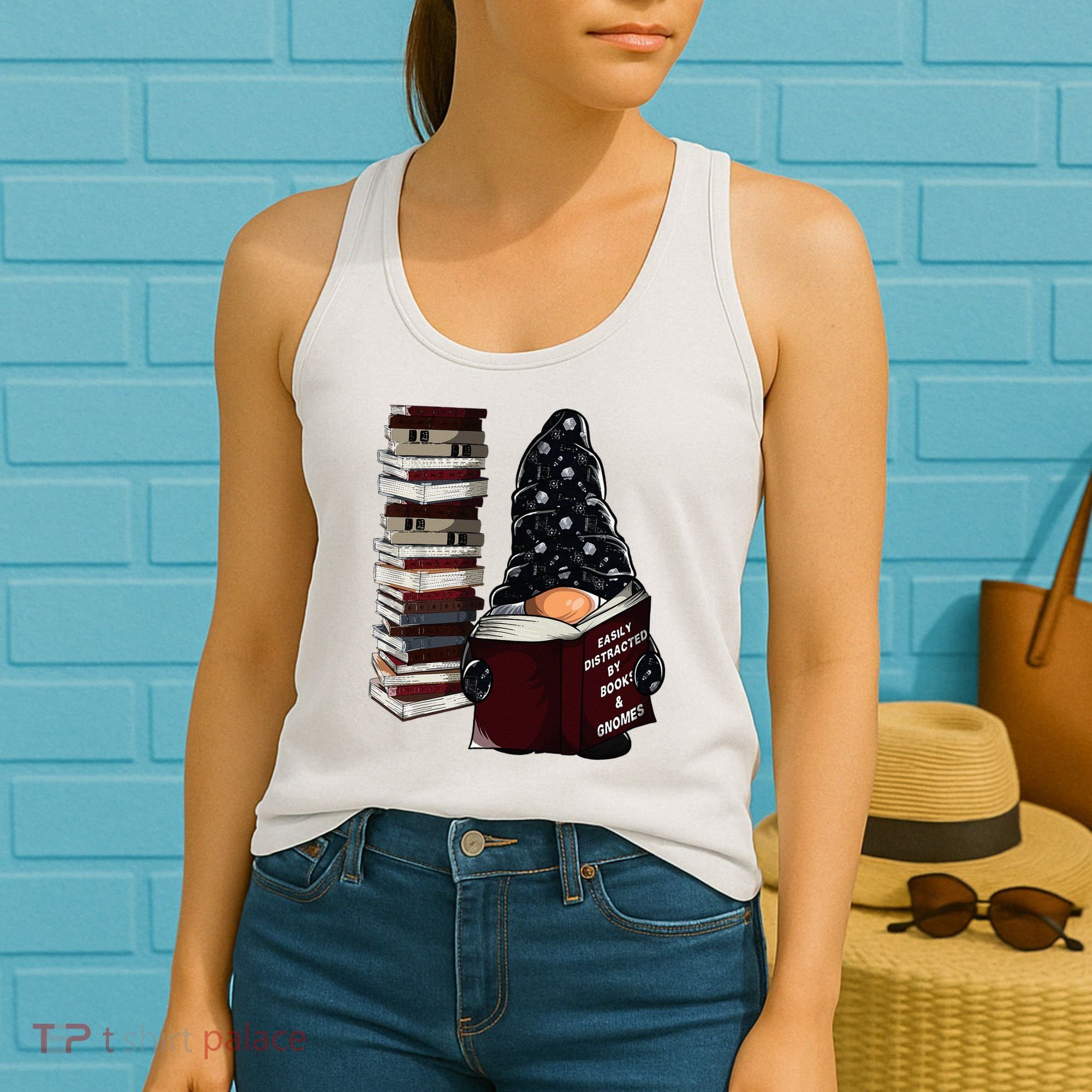 Easily Distracted By Books & Gnomes Garden Gnome Book Lover Women's Tank Top