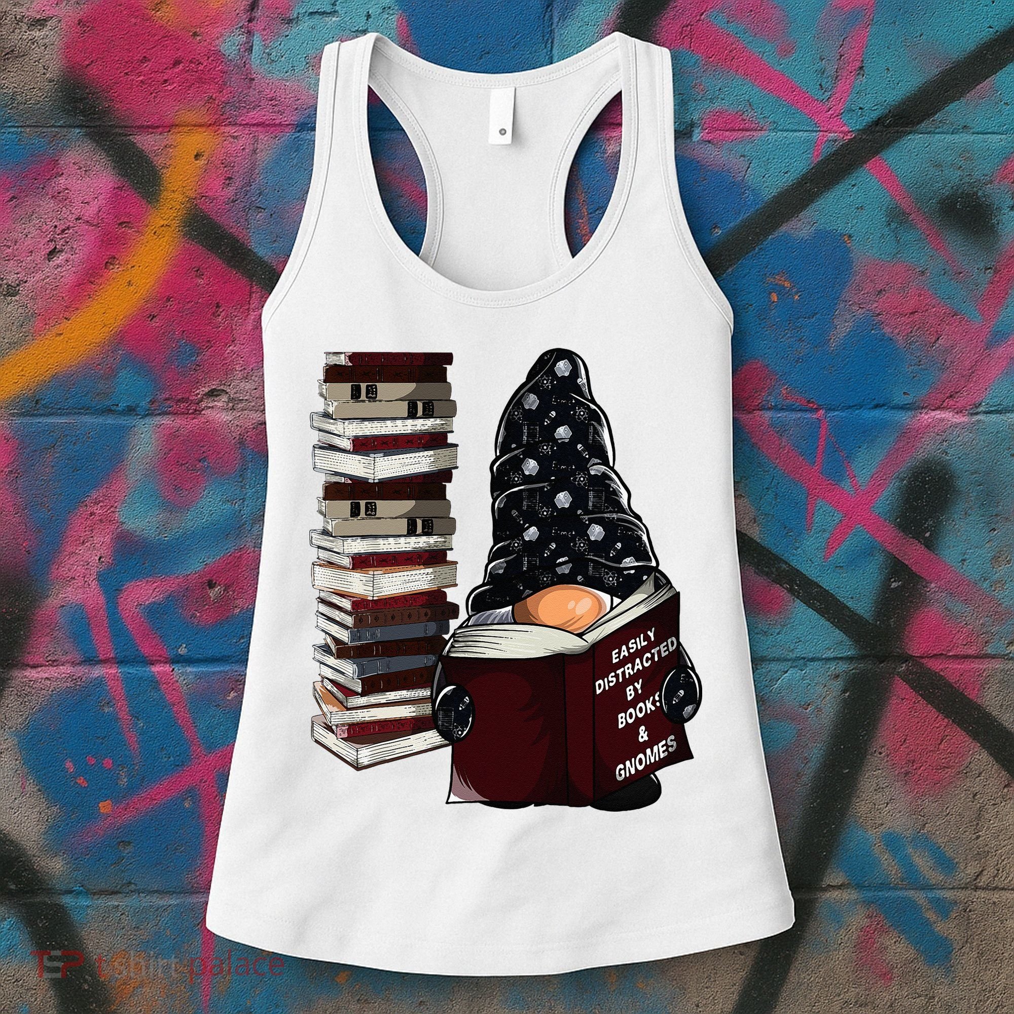 Easily Distracted By Books & Gnomes Garden Gnome Book Lover Women's Tank Top