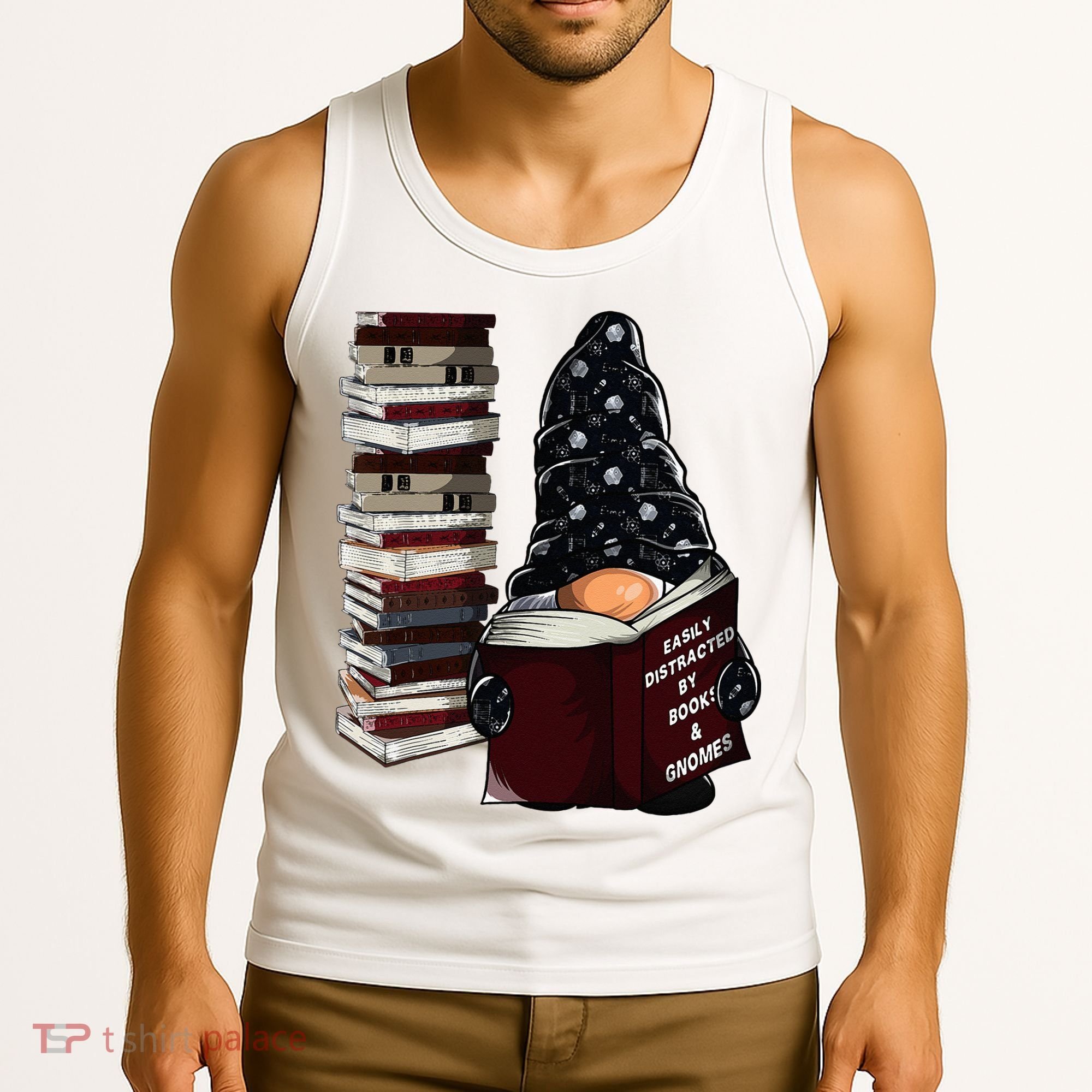 Easily Distracted By Books & Gnomes Garden Gnome Book Lover Tank Top