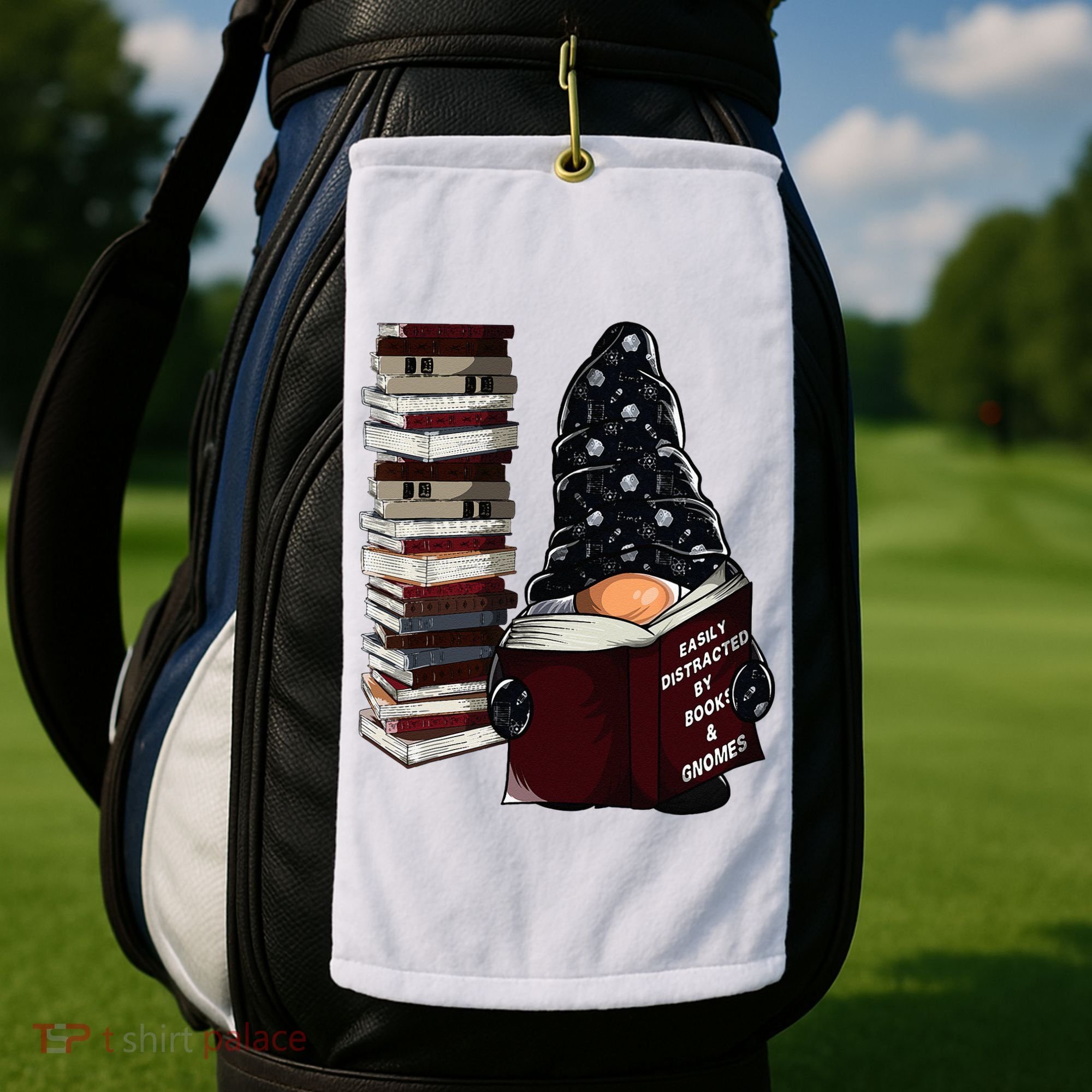 Easily Distracted By Books & Gnomes Garden Gnome Book Lover Golf Towel