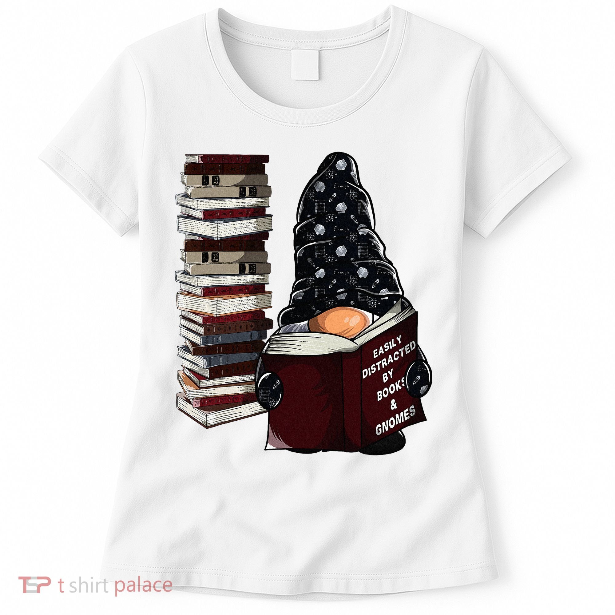 Easily Distracted By Books & Gnomes Garden Gnome Book Lover Women's T-Shirt