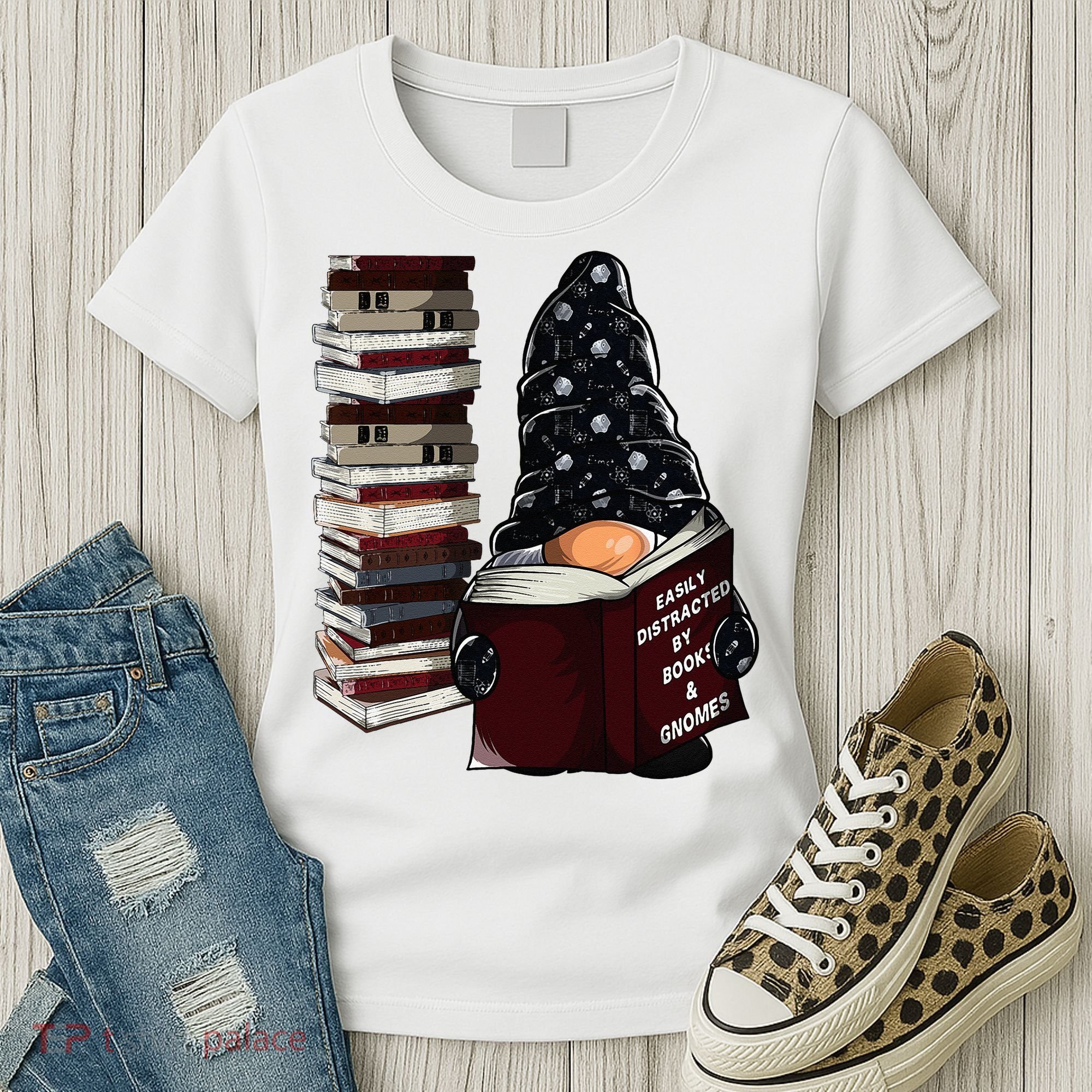 Easily Distracted By Books & Gnomes Garden Gnome Book Lover Women's T-Shirt