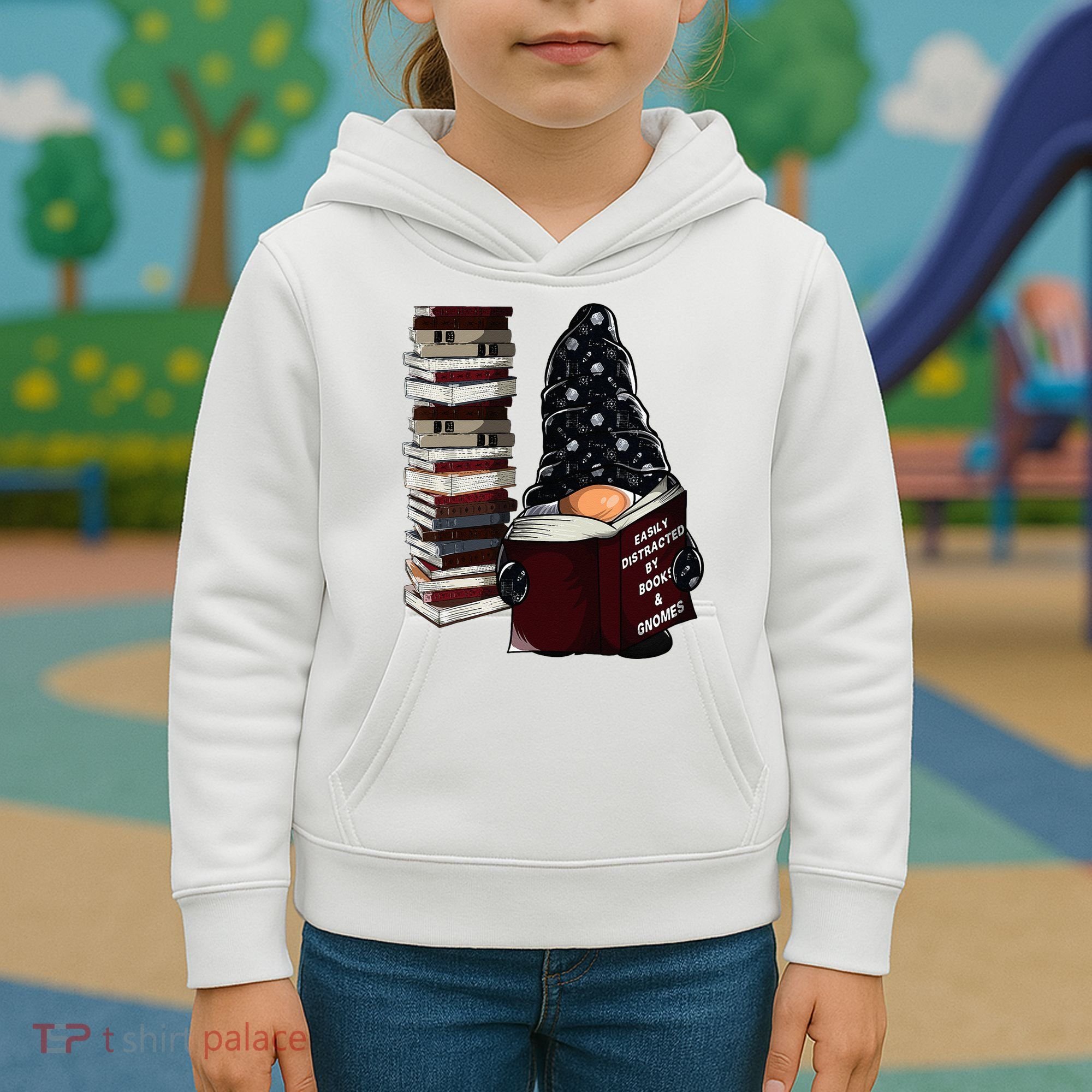 Easily Distracted By Books & Gnomes Garden Gnome Book Lover Kids Hoodie
