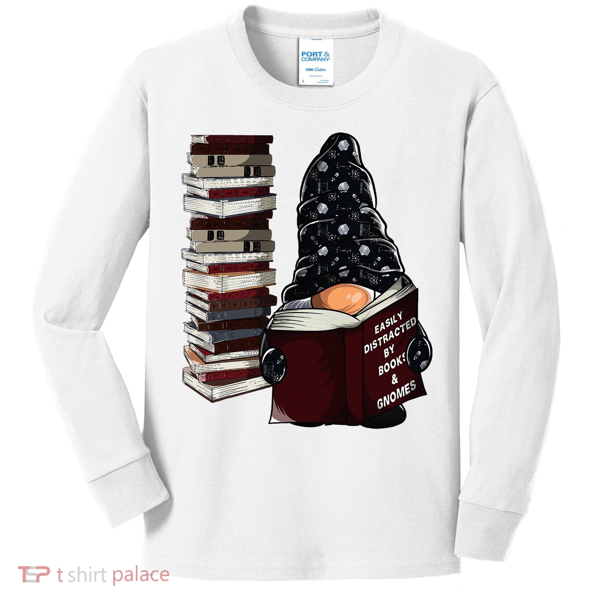 Easily Distracted By Books & Gnomes Garden Gnome Book Lover Kids Long Sleeve Shirt