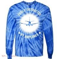 Easily Distracted By Airplanes Funny Flying Plane Gift Tie-Dye Long Sleeve Shirt thumb 0