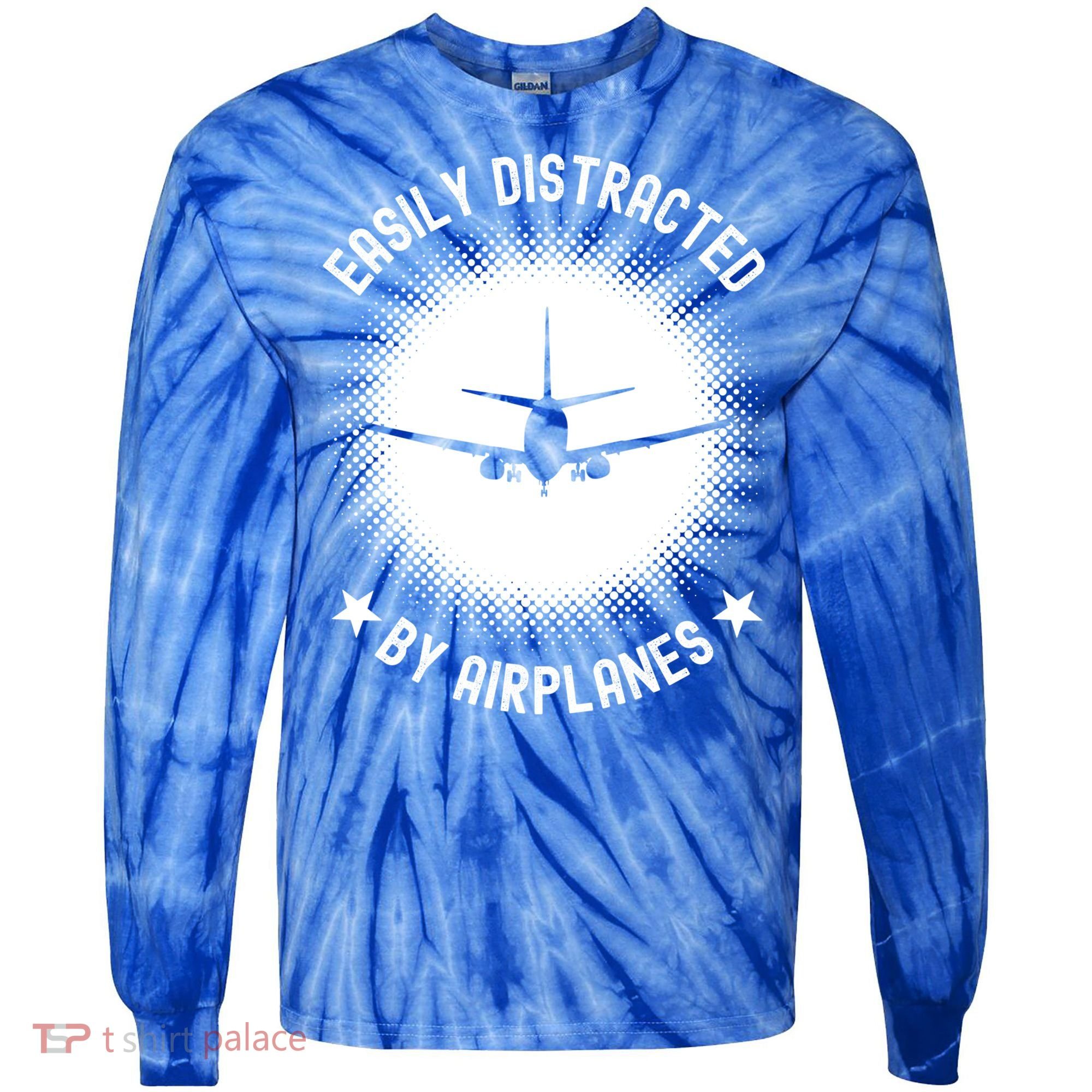 Easily Distracted By Airplanes Funny Flying Plane Gift Tie-Dye Long Sleeve Shirt