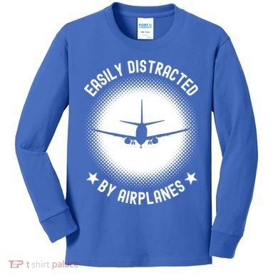 Easily Distracted By Airplanes Funny Flying Plane Gift Kids Long Sleeve Shirt