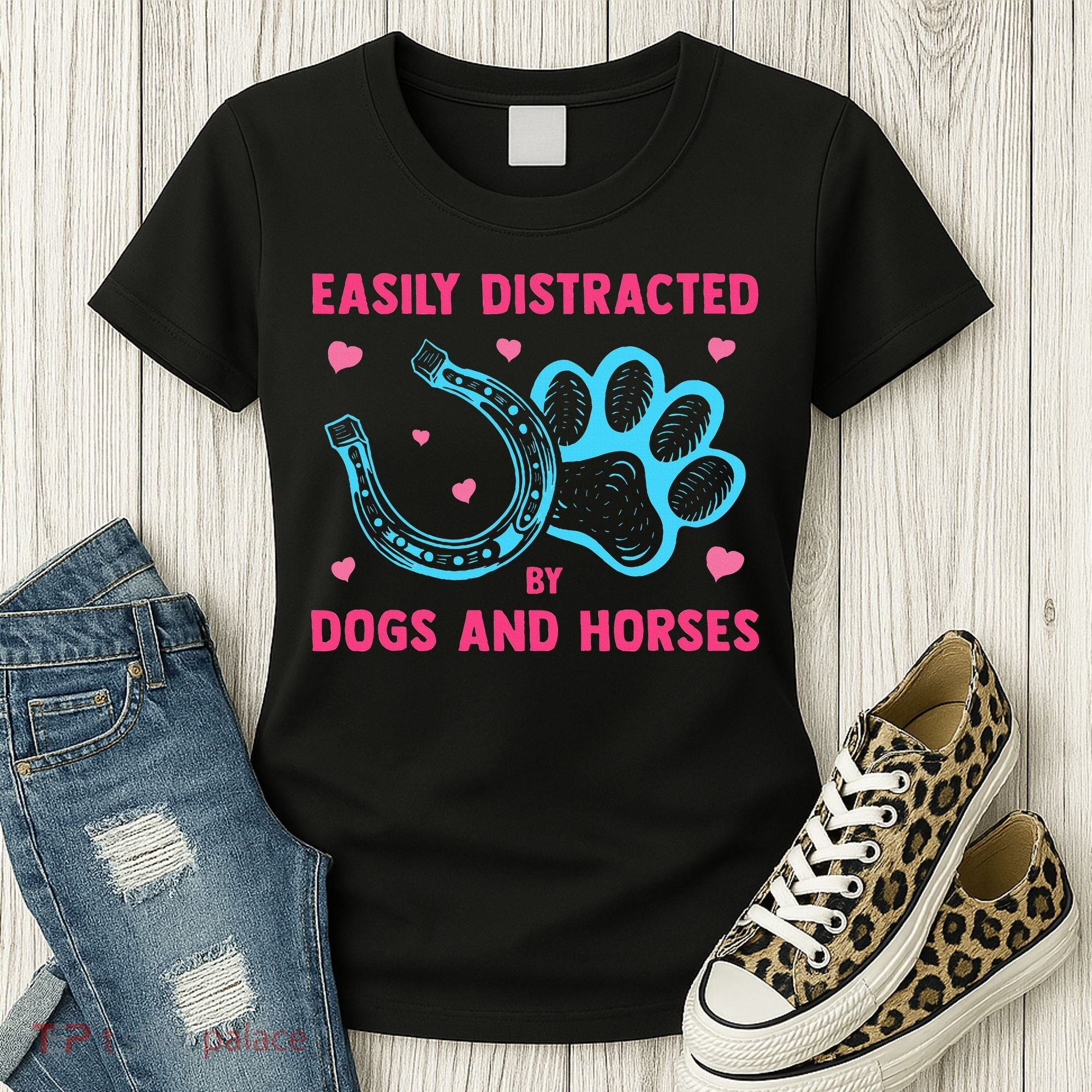 Easily Distracted By Dogs And Horses Animal Lover Women's T-Shirt