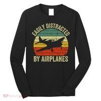 Easily Distracted By Airplanes Lover Pilot Funny Aviation Long Sleeve Shirt thumb 0
