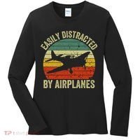 Easily Distracted By Airplanes Lover Pilot Funny Aviation Women's Long Sleeve Shirt thumb 0