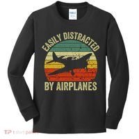 Easily Distracted By Airplanes Lover Pilot Funny Aviation Kids Long Sleeve Shirt thumb 0