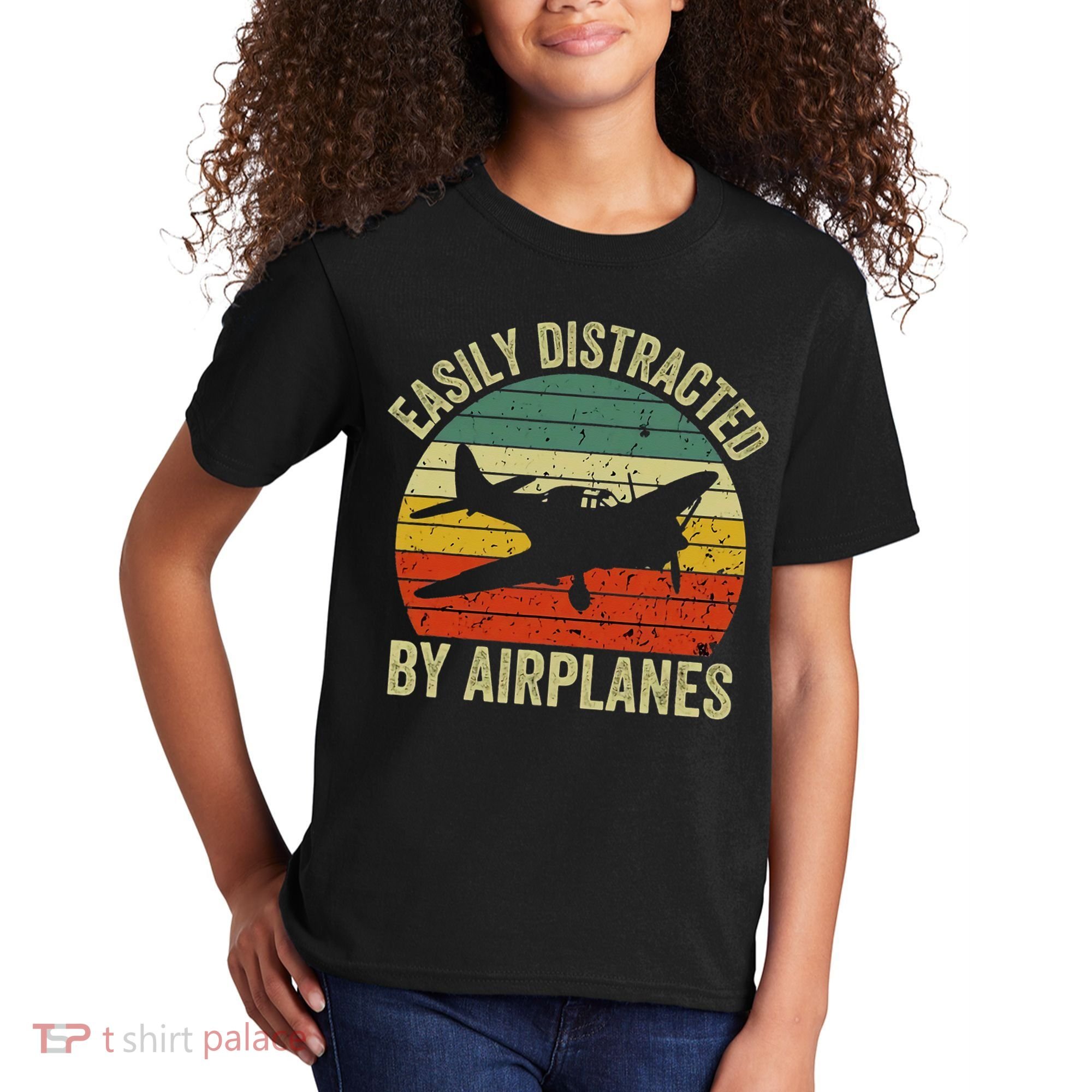 Easily Distracted By Airplanes Lover Pilot Funny Aviation Kids T-Shirt