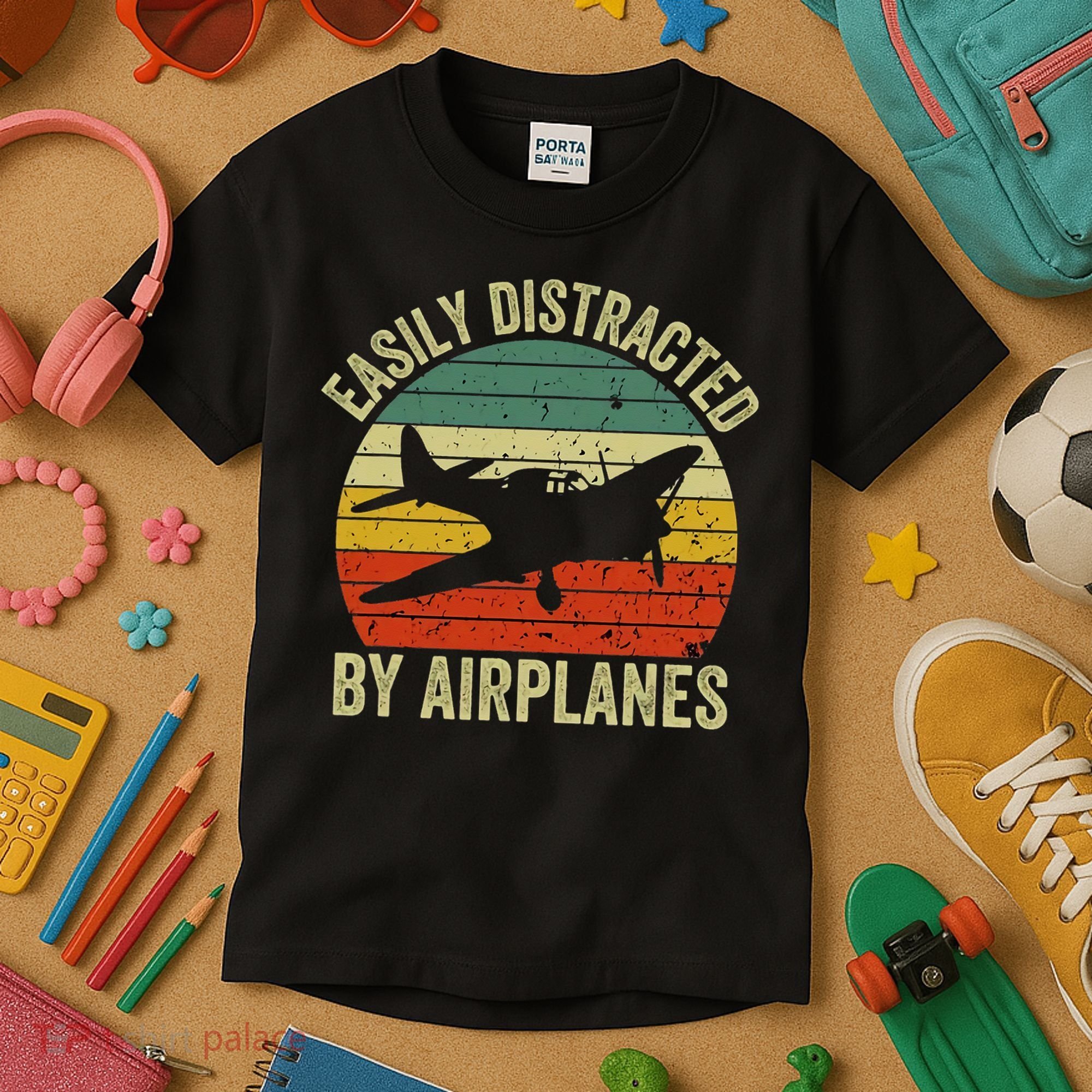 Easily Distracted By Airplanes Lover Pilot Funny Aviation Kids T-Shirt