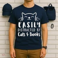 Easily Distracted By Cats And Books Cat & Book Lover T-Shirt thumb 6
