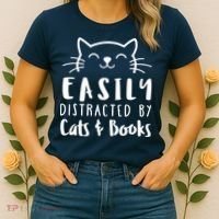 Easily Distracted By Cats And Books Cat & Book Lover Women's T-Shirt thumb 2