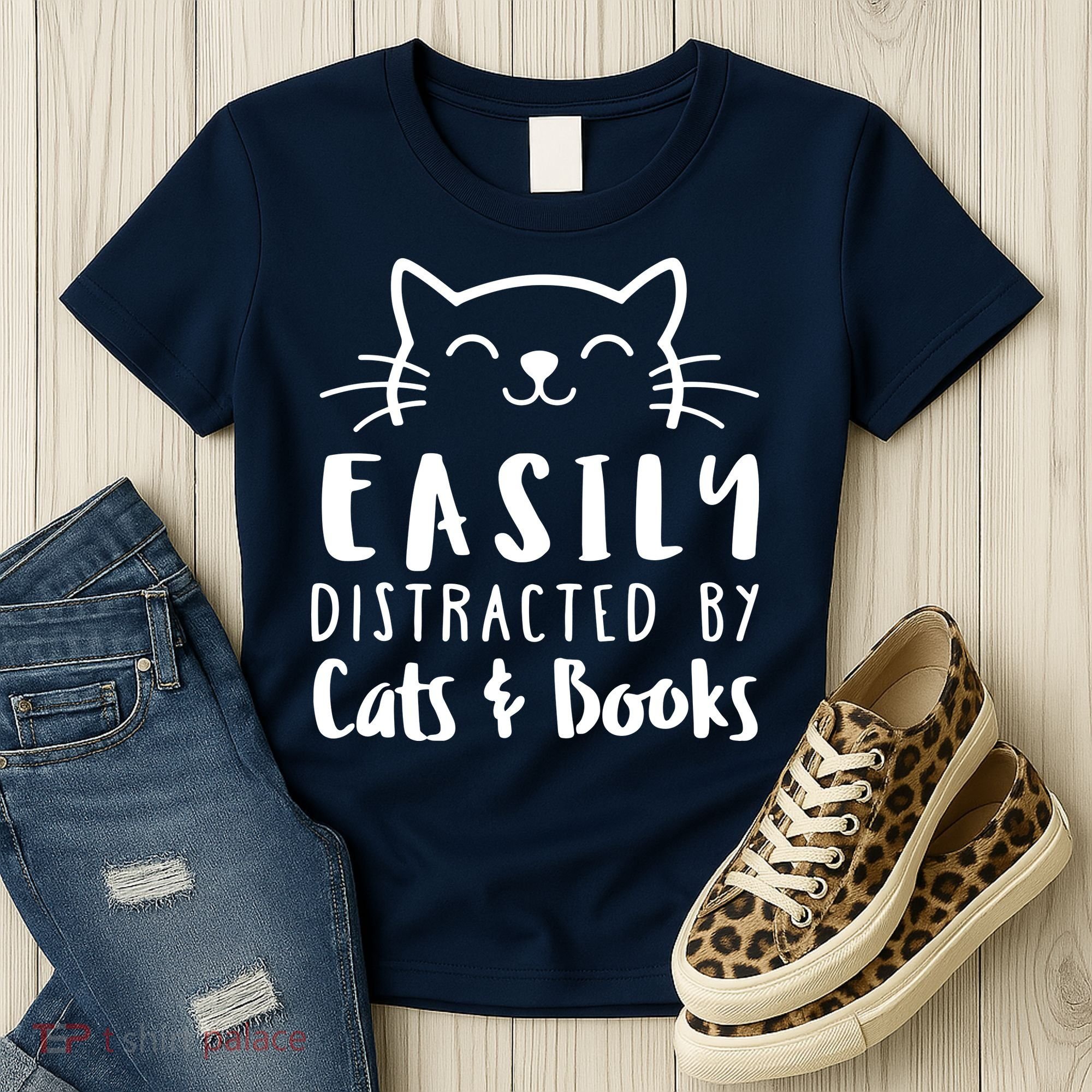 Easily Distracted By Cats And Books Cat & Book Lover Women's T-Shirt