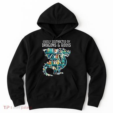 Easily Distracted By Dragons Books Funny Reading Bookworm Hoodie